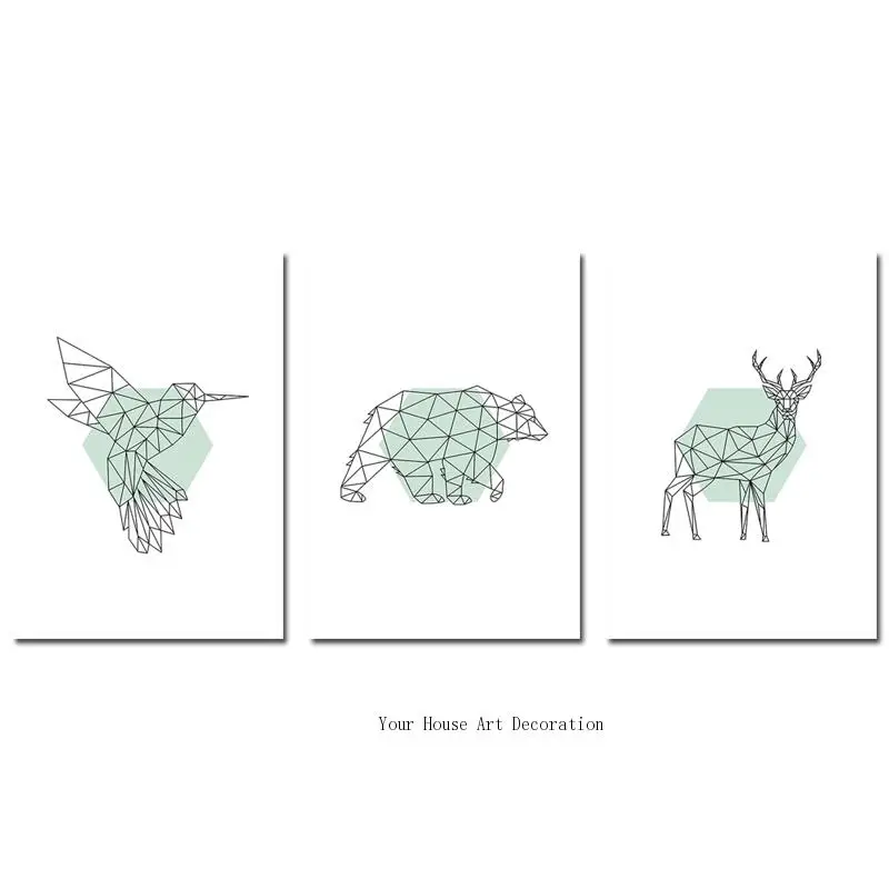 Nordic Canvas Painting Animal Bear Deer Wall Art Poster Minimalist Printed Green Geometry Abstract Picture Home Decor | Дом и сад