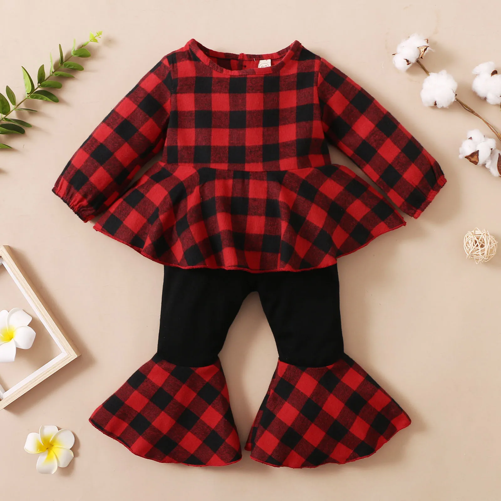 

1 2 3 4 Years Baby Girls Clothes Sets 2022 New Spring Autumn Clothing Flounce Plaid Tops+Bell-bottom Pants Outfits Girl Clothing