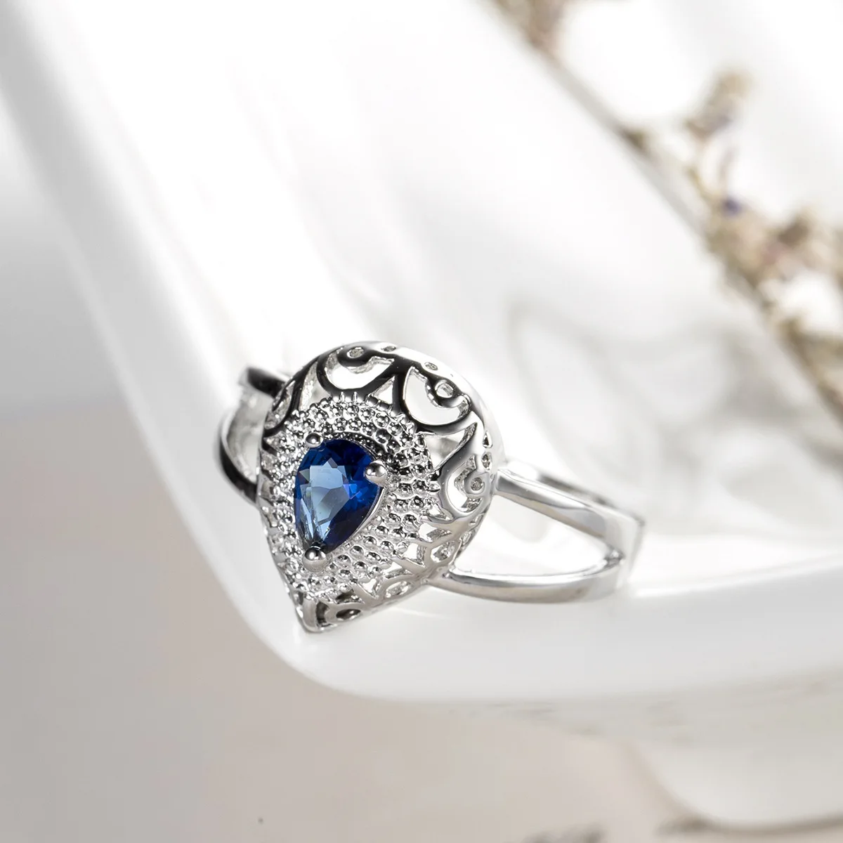 Rose Red/Royal Blue Colors Cubic Zirconia Ring Hollow Pear Shape Art Deco Engagement Wedding Rings Promise for Women Gifts | Украшения и