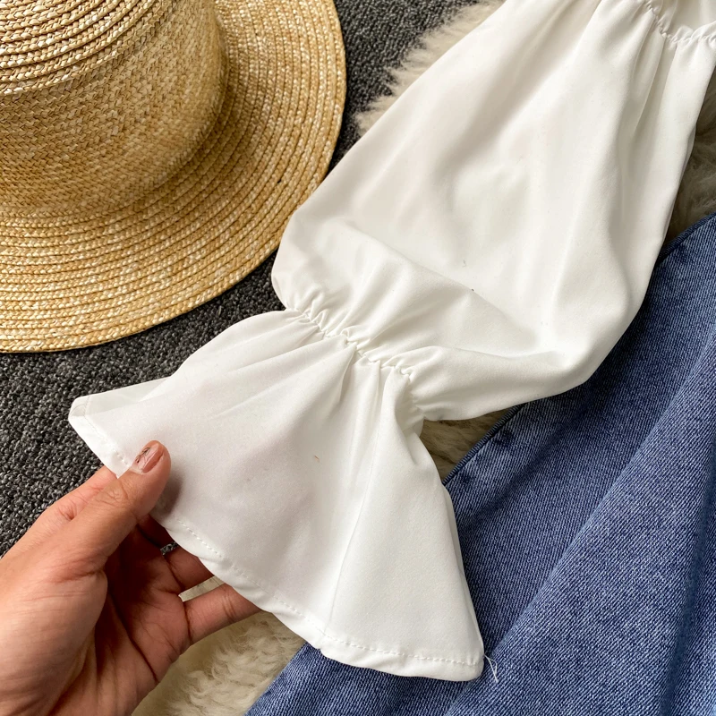 

Women 2 Piece Set Long Sleeve Single Breasted White Shirt and Slim Mini A-line Denim Dress Suits Casual Women's Clothing Sets