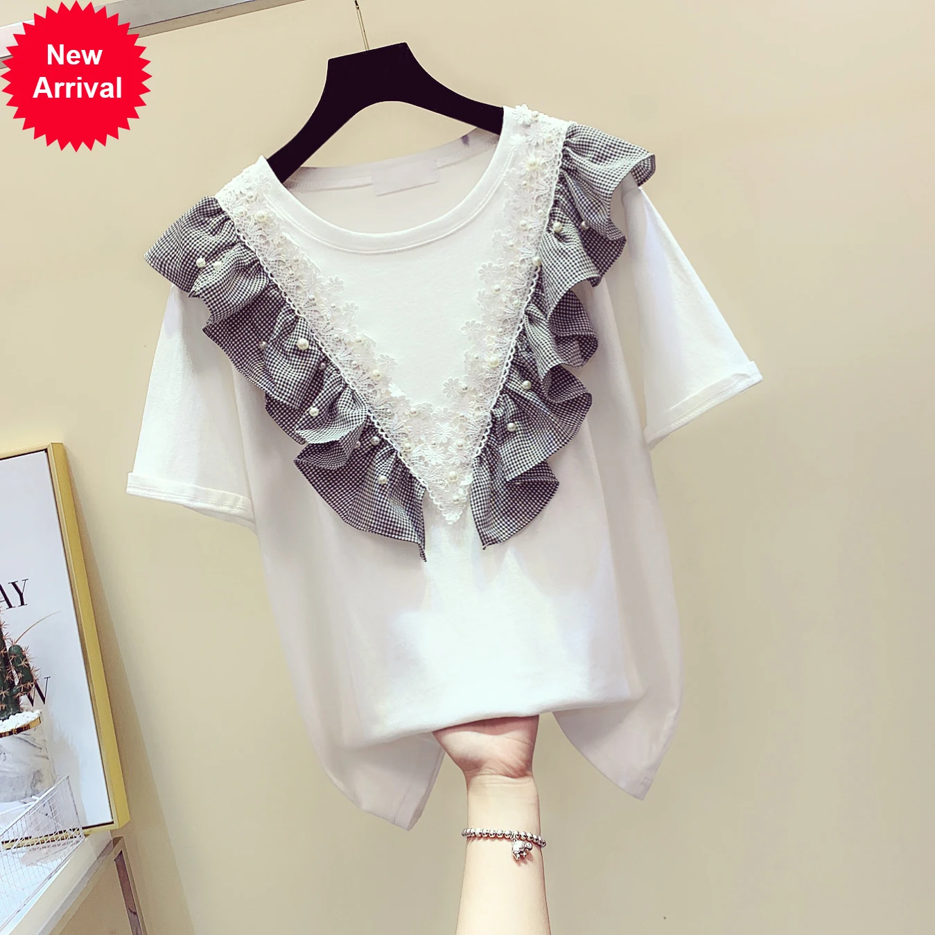 

2020 New Female Korean Style Beads Lotus Leaf Lace Round Collar Short Sleeve Student Shirts Summer Tshirt