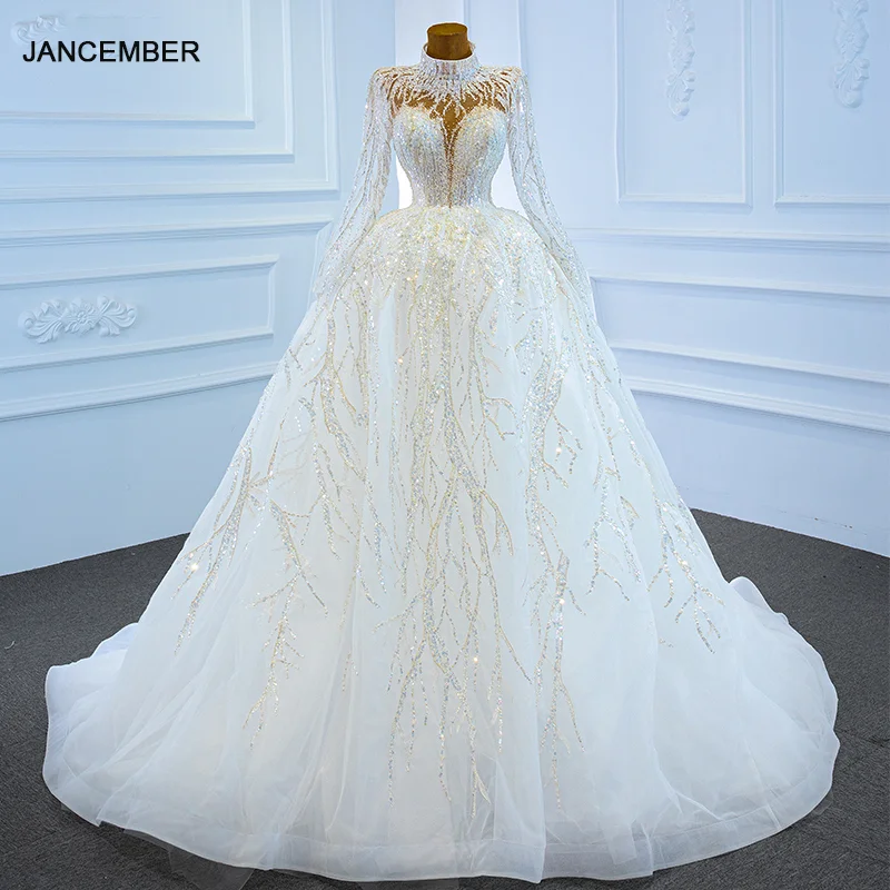 

J67226 White Attractive High Neck Long Sleeves Pearls Wedding Dress 2021 Sequined Beading Ball Gowns