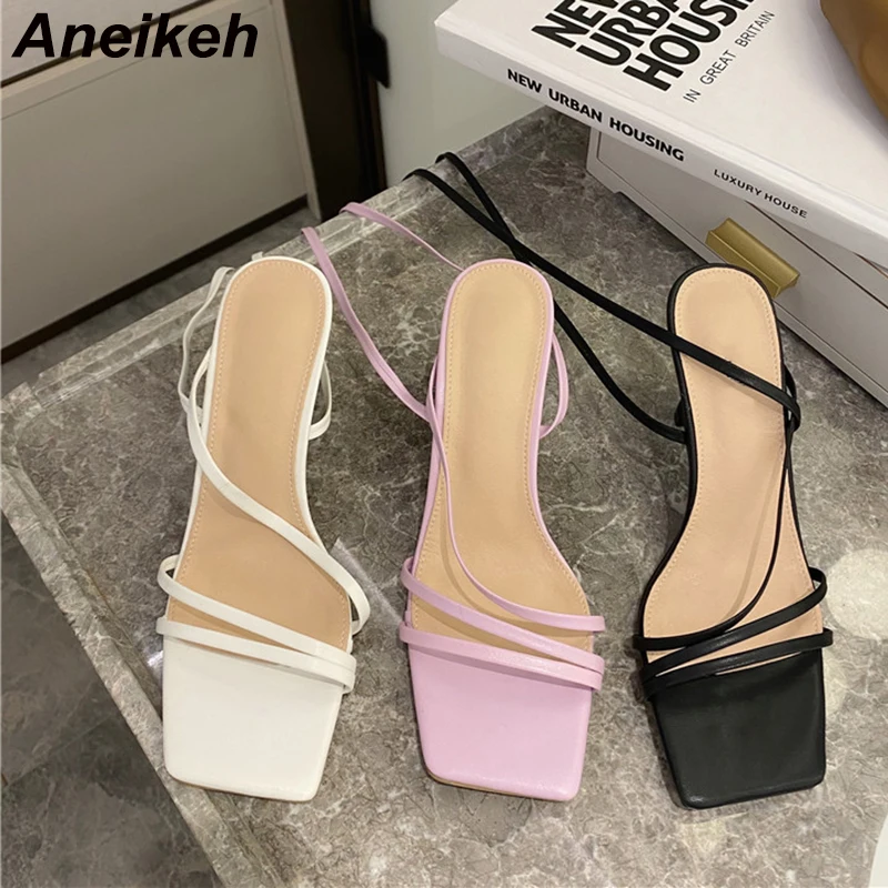 

Aneikeh 2023 NEW Shoes PU Sandals Women Summer Peep Toe Open Party Cross-Tied Gladiator Lace-Up Back Strap Fashion Solid Elegant