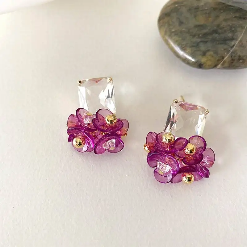 Серьги подвески в форме цветка с фианитами фиолетовые белые зеленые ювелирные
