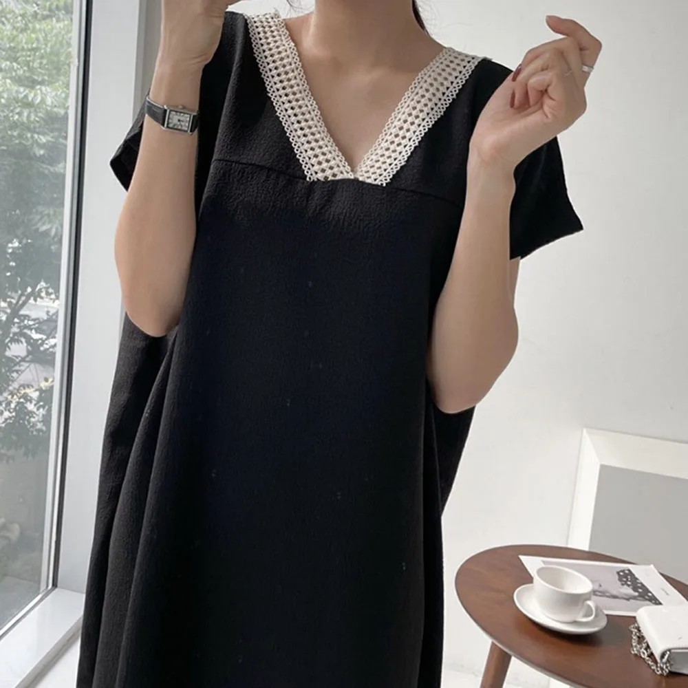 

2021 Summer New Solid Color Lace Splicing Loose Elegant Casual V-neck Summer Japanese Style Women's Dress