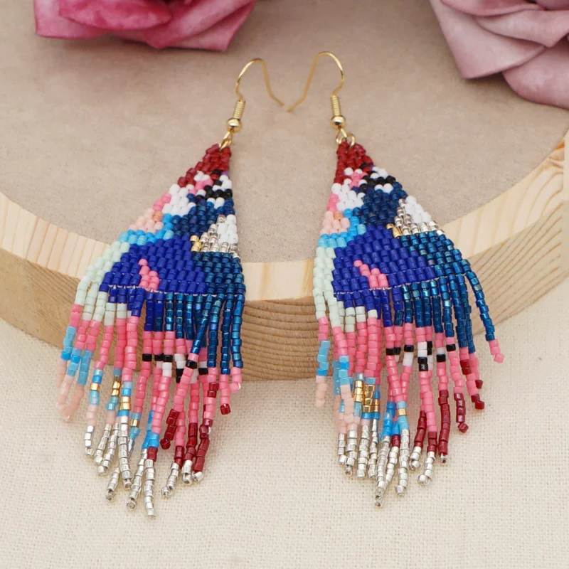 

Bohemian Style Miyuki Bead Woven Personality Long Earrings for Women Cow Spots Rainbow Tassel Earrings Jewelry Wholesale