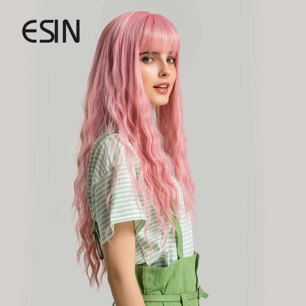 ESIN розовые синтетические волосы парики с челкой длинный волнистый парик для