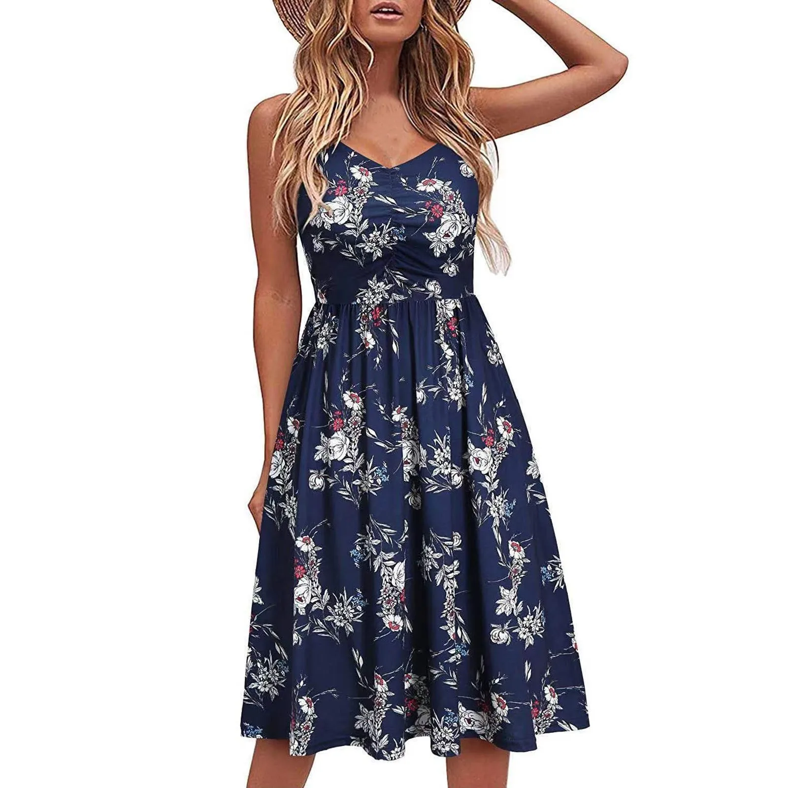 

Ishowtienda Women Fashion Summer Seaside Sling Sleeveless V-neck Printing Casual Dress Satin Dress