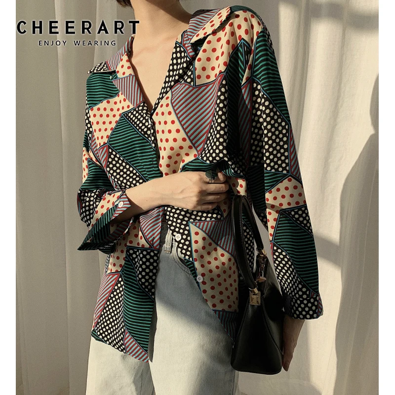 CHEERART Designer Chiffon Blouse Lapel Long Sleeve Button Up Shirt Women Ladies Top Color Block Korean Fashion Clothing | Женская одежда