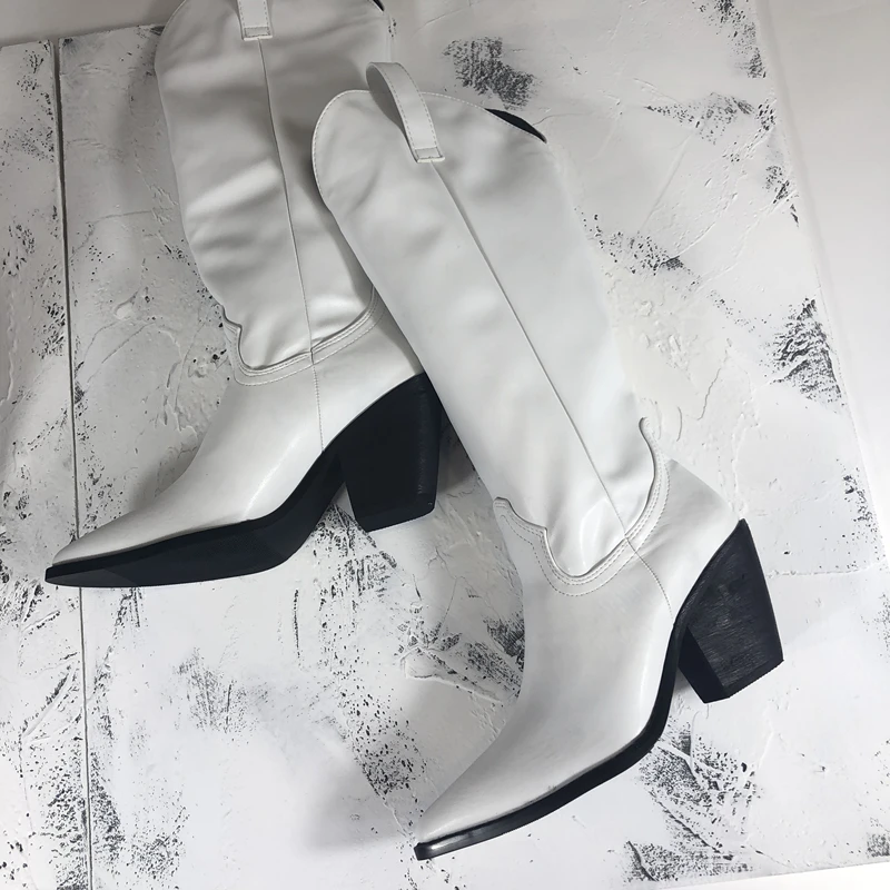 Scarpe donna/ г. Зимняя женская обувь однотонные черные и белые сапоги до колена с острым носком модная женская обувь botas mujer invierno
