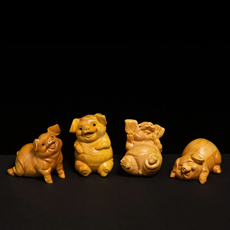 

4 Pigs Animal Statue Chinese Boxwood Carving Handmade Home Decoration Crafts Creative Wood Lucky Feng Shui