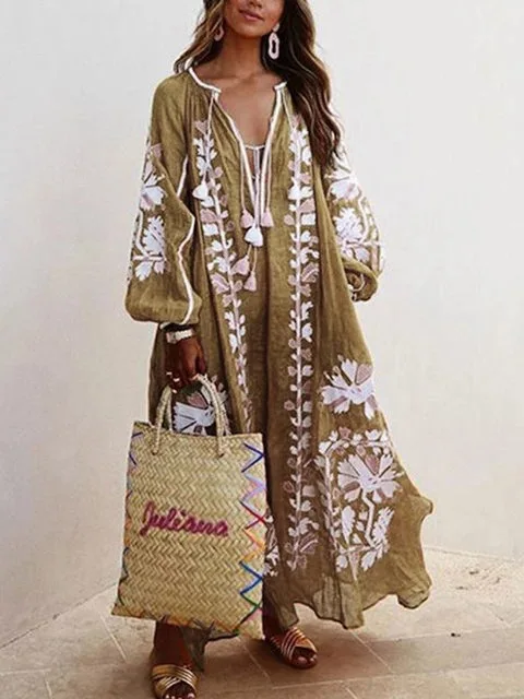 

WEPBEL Women New V-neck Long-Sleeved Printed Long Loose Long Maxi Dress Floral Flower Autumn Dress Ankle Length Summer