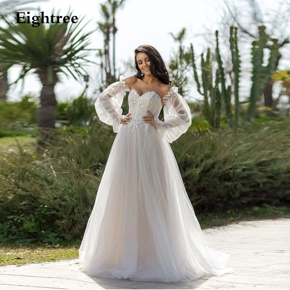 

Elegant Boho Off Shoulder Backless Wedding Dresses With Sleeve Lace Appliques Beach A-Line Bride Long Marriage Dress Princess