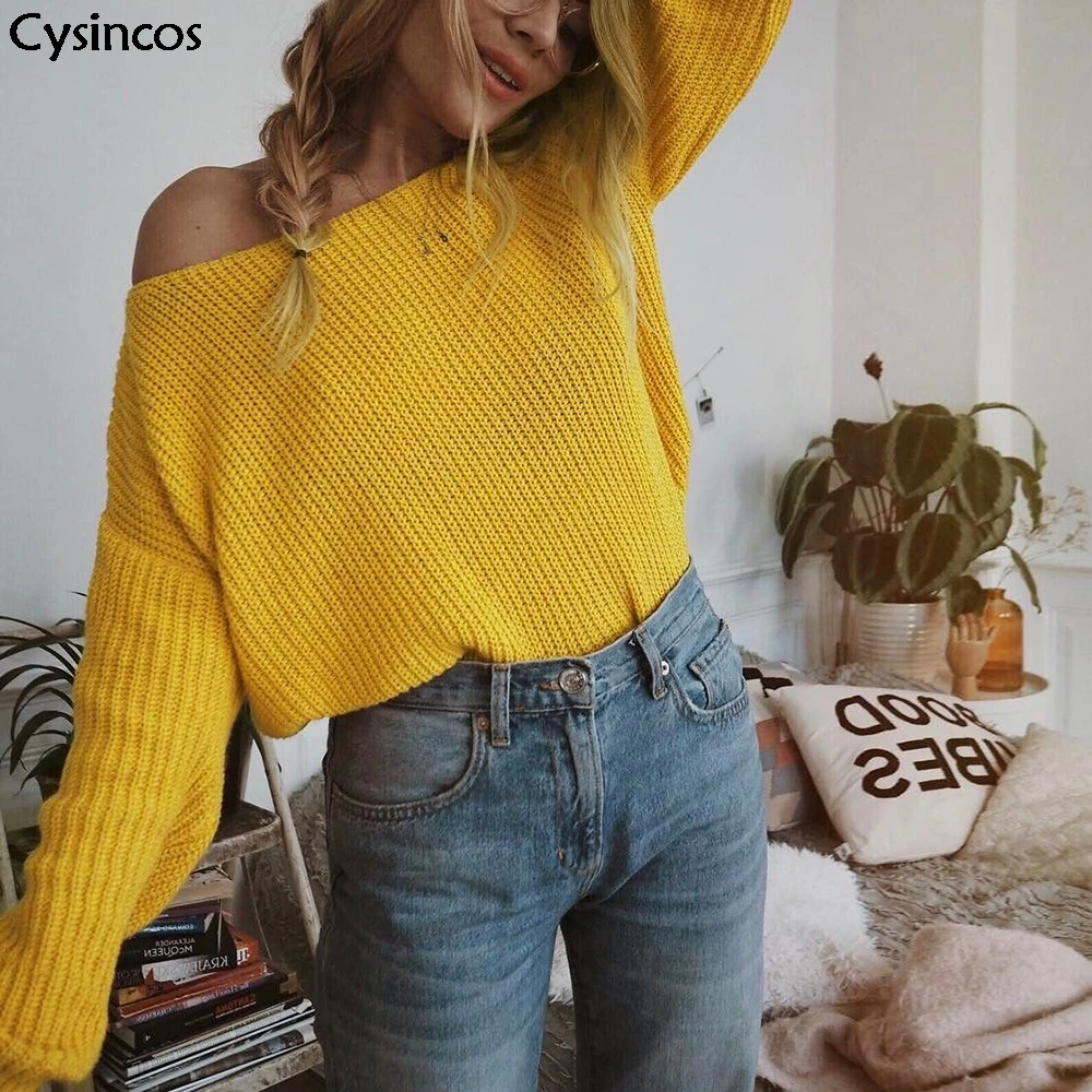 Cysincos Off Shoulder Pullover Womens Sweater Knitted Long Sleeve Loose Jumpers Oversized Pull Femme Plus Size | Женская одежда