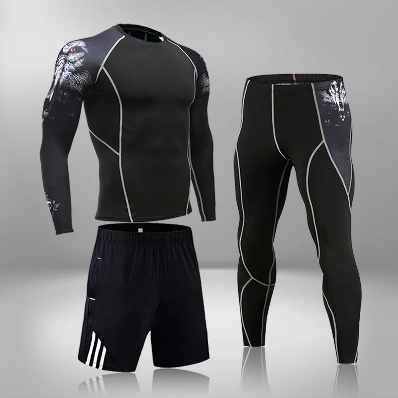 

Long Johns For Men 3 Piece Thermal Underwear Tracksuit MMA Clothing Rashgard Bodybuilding Compression Underwear