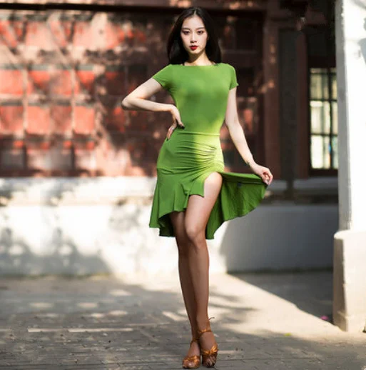 Grass green Платье для латинских танцев с длинным рукавом, нестандартная юбка, женские бальные платья для танго, одежда для ча сальсы для женщин, одежда для латинских танцев - Цвет: Grass green