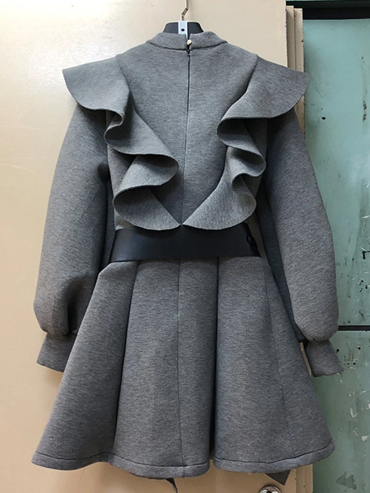 

Solid color round neck pullover hit color belt space cotton ruffled irregular dress women's autumn new style loose tutu skirt