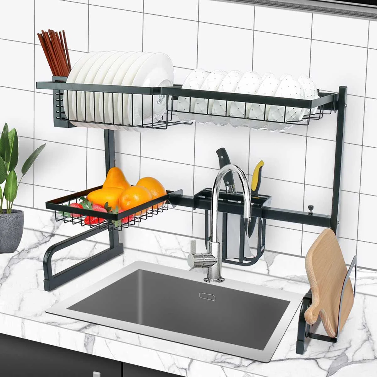 

Kitchen Shelf Organizer Dish Drying Rack Over Sink Utensils Holder Bowl Dish Draining Shelf Kitchen Storage Countertop Organizer