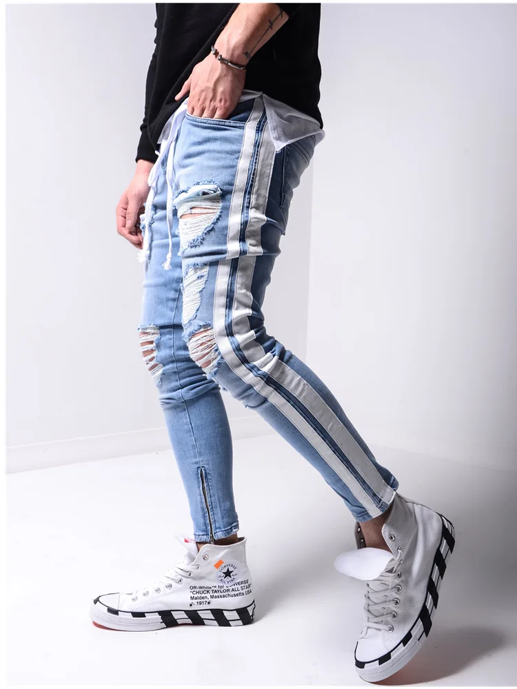 

Мужские рваные брюки-карандаш, облегающие джинсы в байкерском стиле с боковыми полосками, рваные зауженные мужские джинсы в стиле хип-хоп н...
