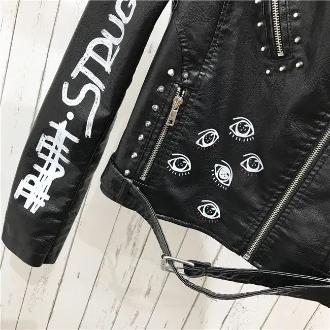 Punk Style Lapel Women's PU Leather Coat Epaulet Belt Printed Motorcycle Wear Faux Soft Leather Outerwear Rivet Short Jacket