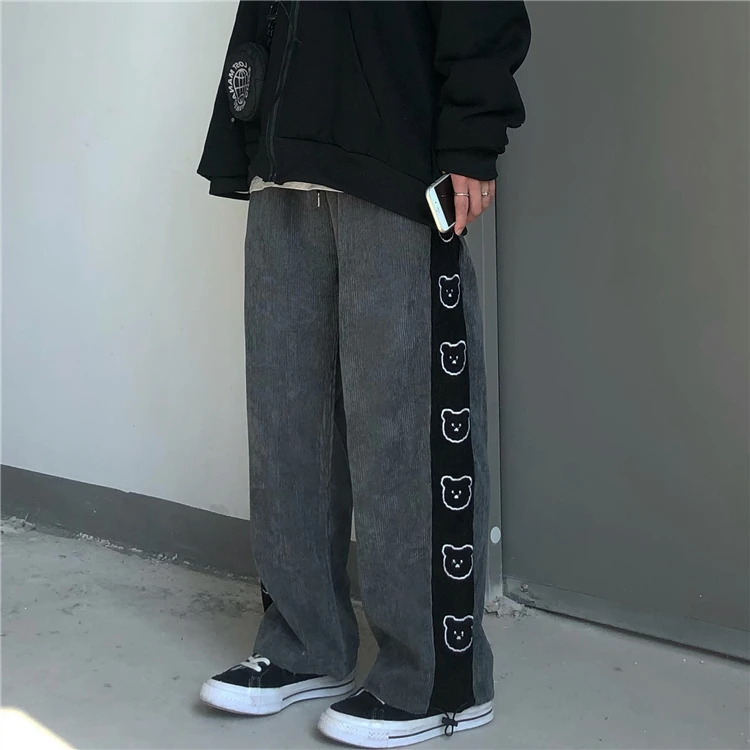 

Женские вельветовые прямые свободные брюки Bf в гонконгском стиле с вышивкой медвежонка, с широкими штанинами, весна 2021