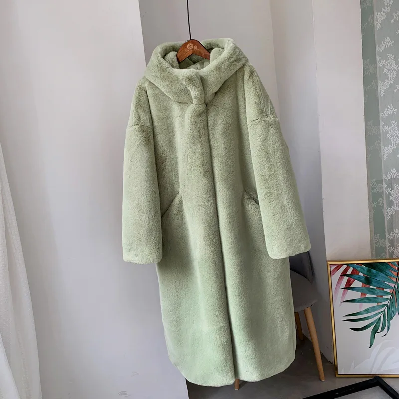 pea-green Толстое пальто из искусственного кроличьего меха с капюшоном, свободное шерстяное пальто до колена, женское длинное пушистое пальто с длинным рукавом из искусственного меха - Цвет: pea-green