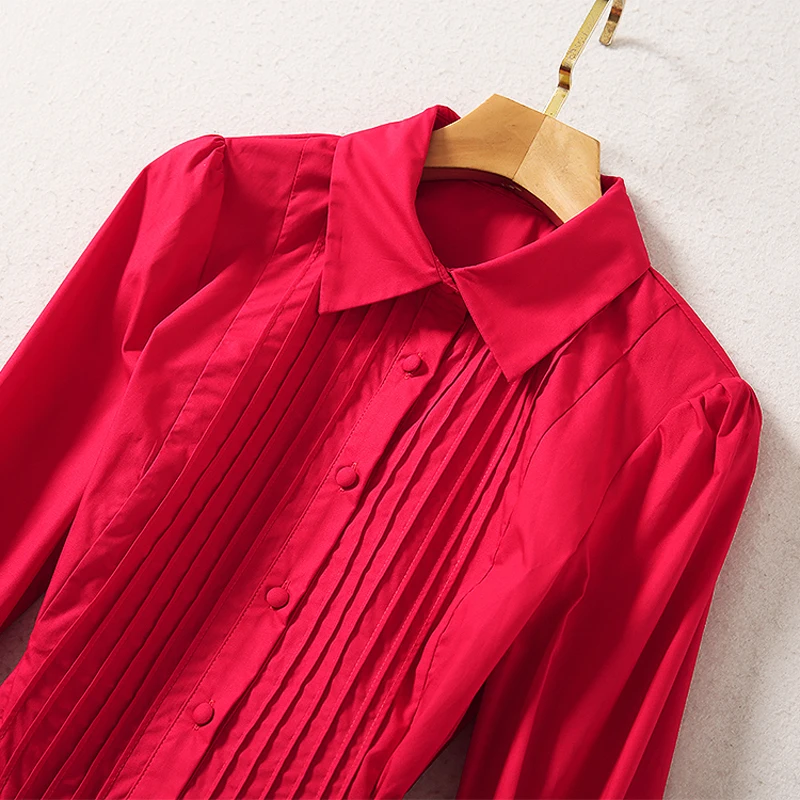 

QUALITY Newest HIGH Fashion 2021 Spring Runway Shirt Collar Long Sleeves Buttons Red Dress