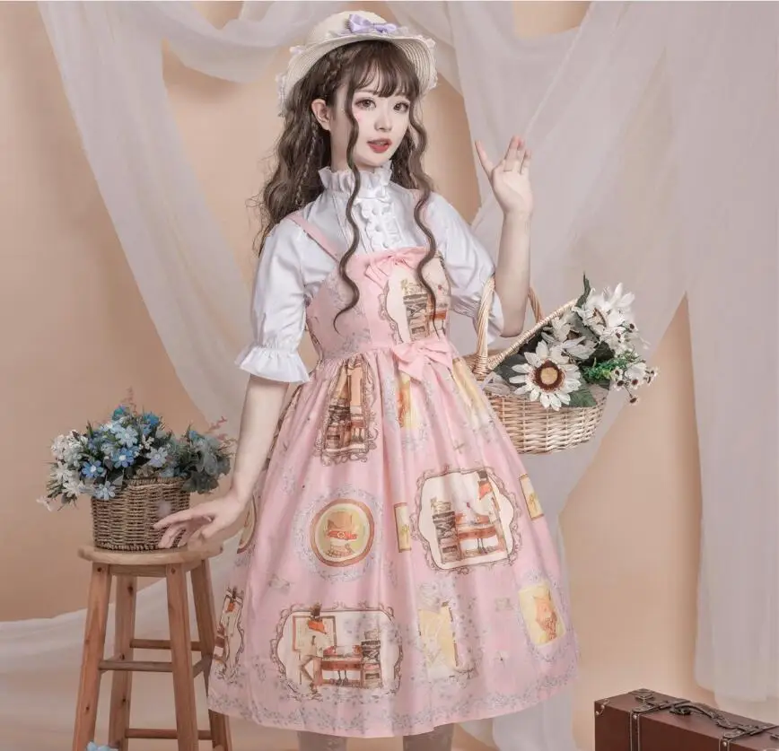 Японский женский Harajuku милое платье jsk платье на подтяжках милое платье с принтом Лолита свежее платье принцессы Kawaii Вечерние платья