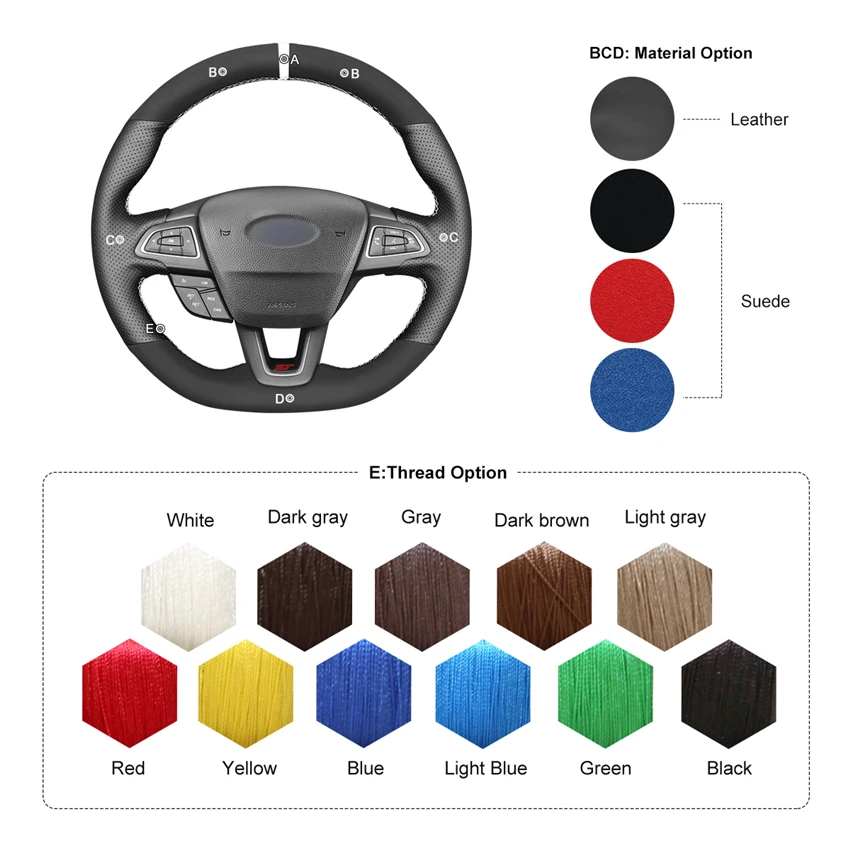 

MEWANT Black Suede Genuine Leather Steering Wheel Cover For Ford Focus (RS | ST | ST-Line) Kuga (ST-Line) Ecosport