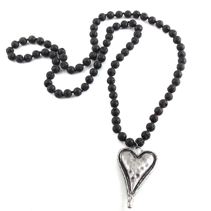

Fashion Bohemian Tribal Jewelry Black Lava Long Knotted Metal Heart Pendant Necklaces For Women