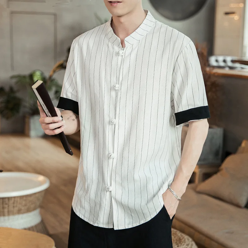 

Mens Tradictional Chinese Top Striped Linen Half Sleeve Chinese Style T Shirt Tai Chi Kung Fu Uniform Wu Tang Clan Tops