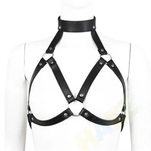 

Sexy Woman Leather Strap Body Harness Bra Open Breast Neck Collar Bondage Adult