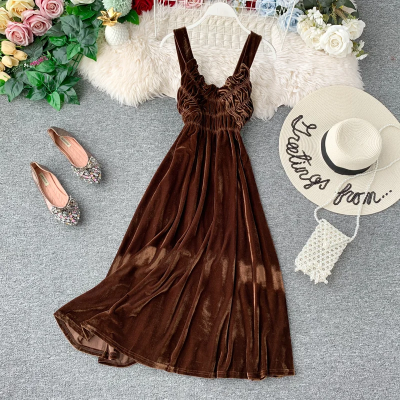 Fashion Sexy Spaghetti Strap Dress 2019 New Autumn Winter Women Solid Slim A-line Party Velvet Robe Ladies Casual Elegant | Женская