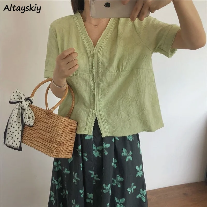 

Женские рубашки с коротким рукавом, однотонные кружевные Элегантные нежные рубашки с V-образным вырезом в японском стиле Харадзюку, милые т...