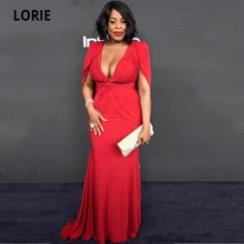 LORIE Plus Size Red Evening Gowns Mermaid Long with Cape Chiffon Cap Sleeve Deep V-Neck Women Formal Celebrity Dress Custom Made (2)