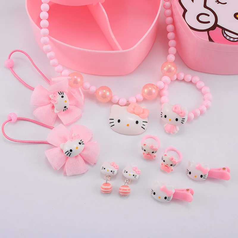 Hello Pink Hello kitty Аксессуары для волос Набор заколки для волос эластичные ленты для волос Детские Девочки ожерелья, браслеты, ювелирные изделия подарки на Рождество и день рождения - Цвет: Hello Pink