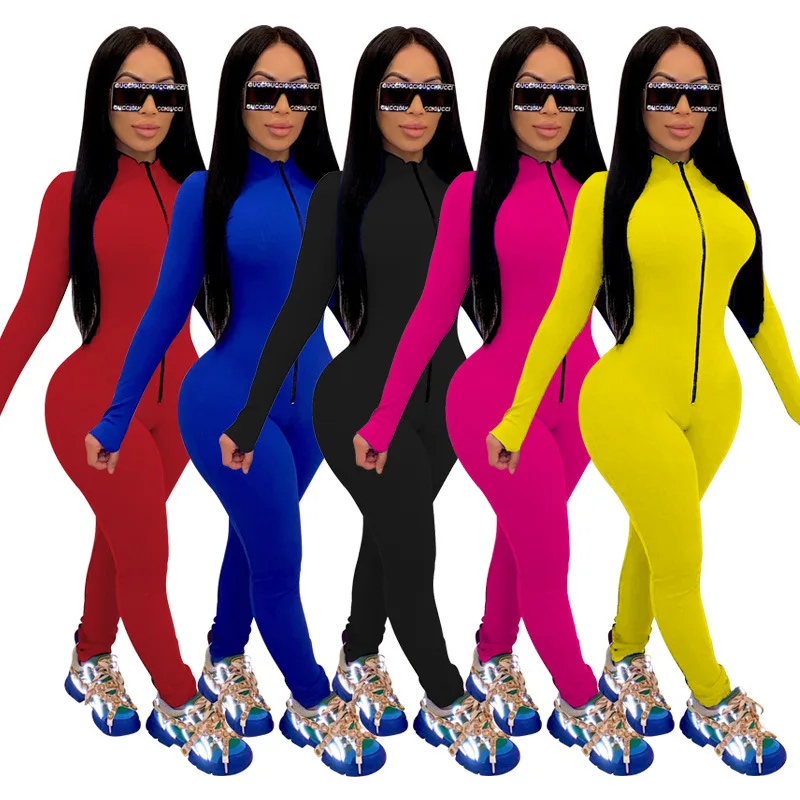 

Solid Zipper Up Bodycon Jumpsuit Women 2020 Long Sleeve Stand Neck Skinny Rompers Womens Jumpsuit Female Cycling Outfits S-XXL
