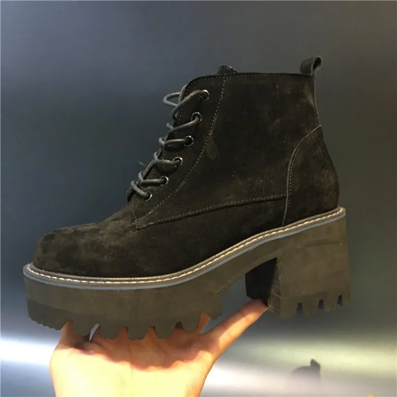 

Harajuku High Heel Platform Ankle Boots Women British Style Vintage Thick Heel Boots Autumn Winter Motorcycle Biker Booties