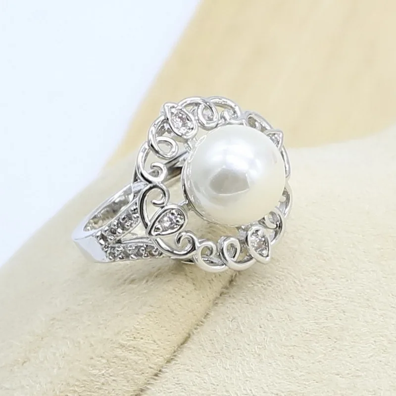 White Pearl Silver Color Jewelry Set for Women Zircon Bracelet Earring Necklace Pendant Ring Wedding Birthday Gift | Украшения и