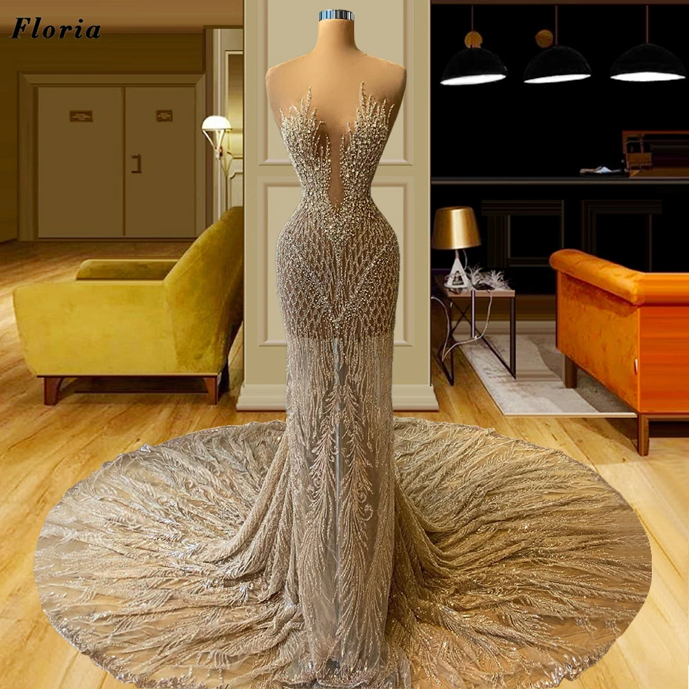 

Floria Full Beading Evening Dresses Haute Couture Dubai illusion Crystals Party Gowns For Weddings 2022 Robes Prom Dress Arabic