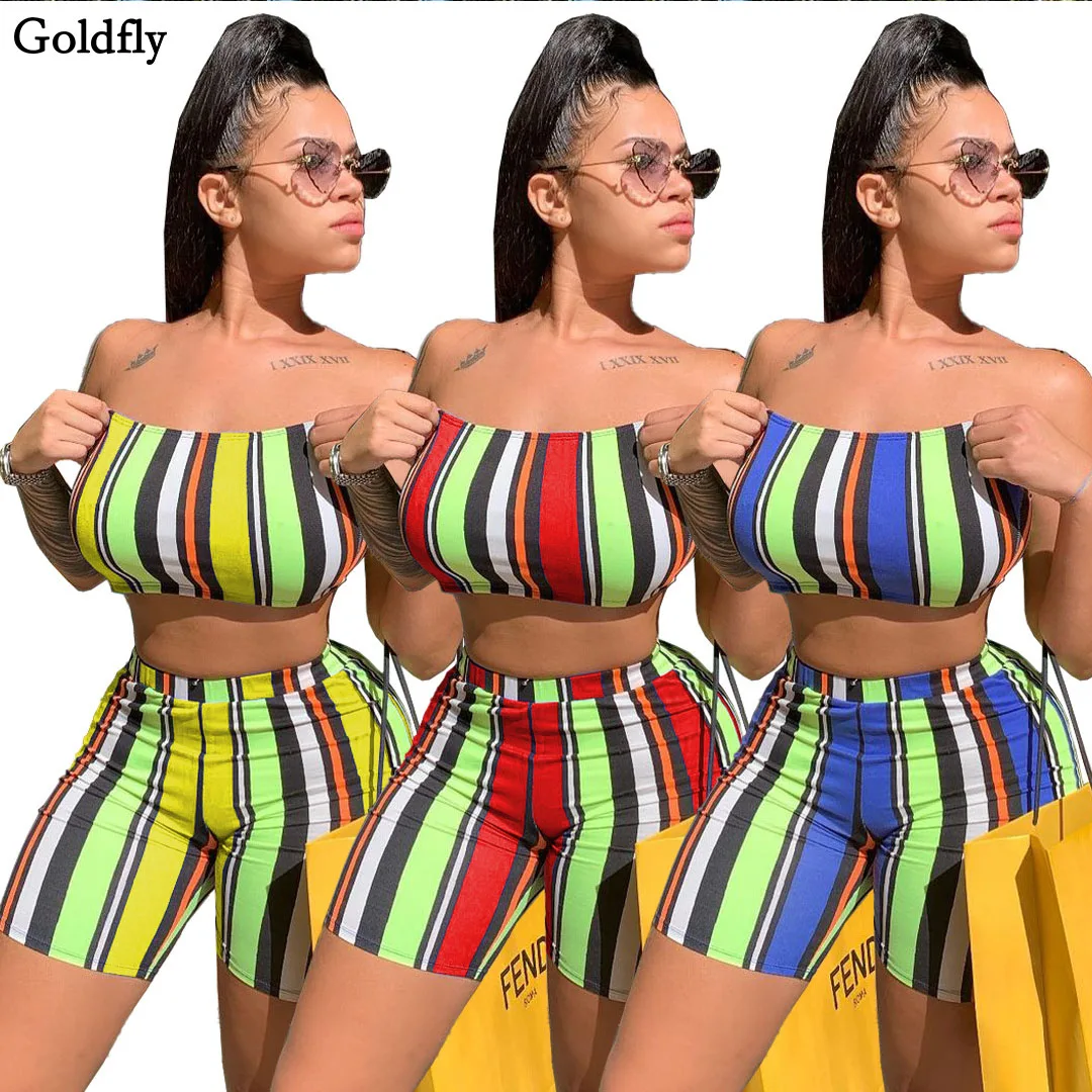 

Women's Suit Sexy Shorts Female Strapless Snakeskin Rainbow Colorful Vertical Striped Suit Skinny High Waist Short 2Pcs Suit