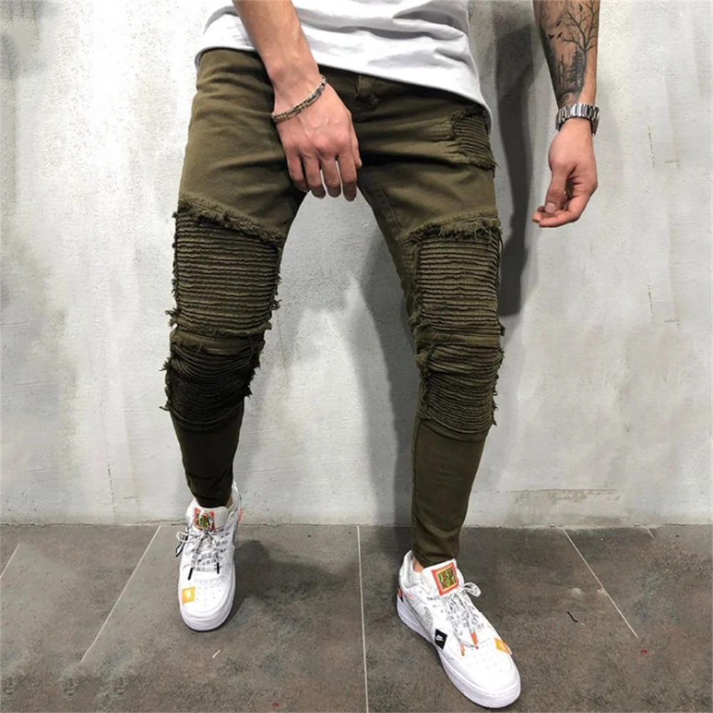 Summer  Army Green Stiletto Jeans Men's Ripped Holes Wrinkled Wave Stripes Decorated High Stretch Pants Slim Locomotive Frayed