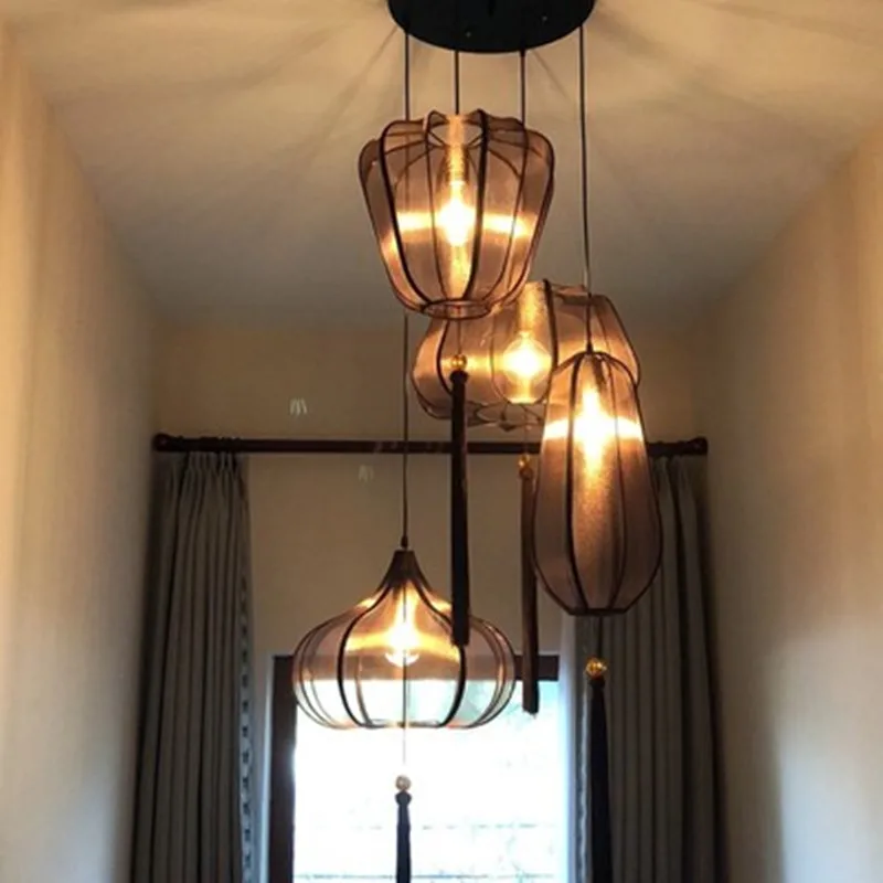 Китайский Стиль Винтаж подвесной светильник с ткань Фонари лампа Светодиодная