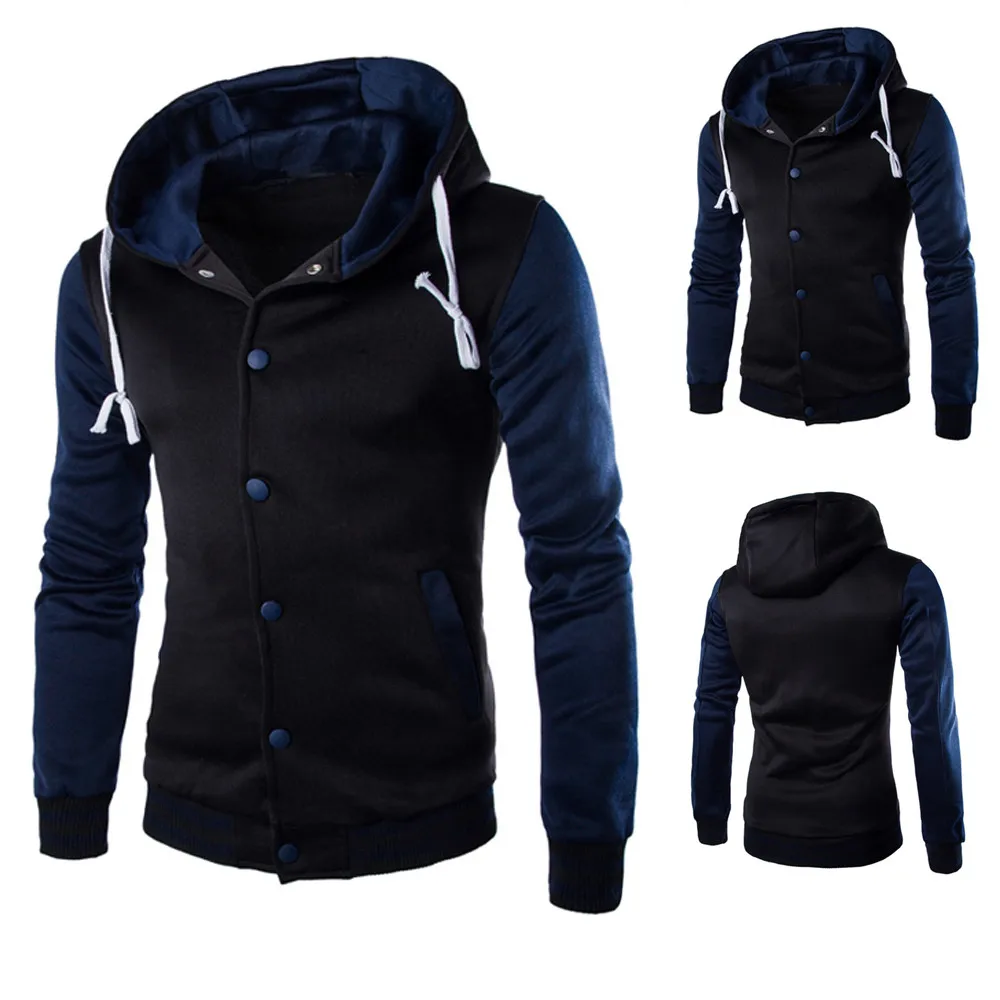 

Men's winter solid color coat jacket warm hooded jacket button slim long-sleeved stitching hooded sports jacket 4*