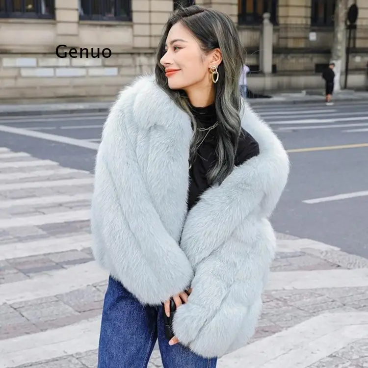 

Women Faux Fox Fur Coat Winter Fashion Sky Blue Long Luxury Fake Fox Fur Jacket with Lapel Collar High Quality Overcoats Outwear