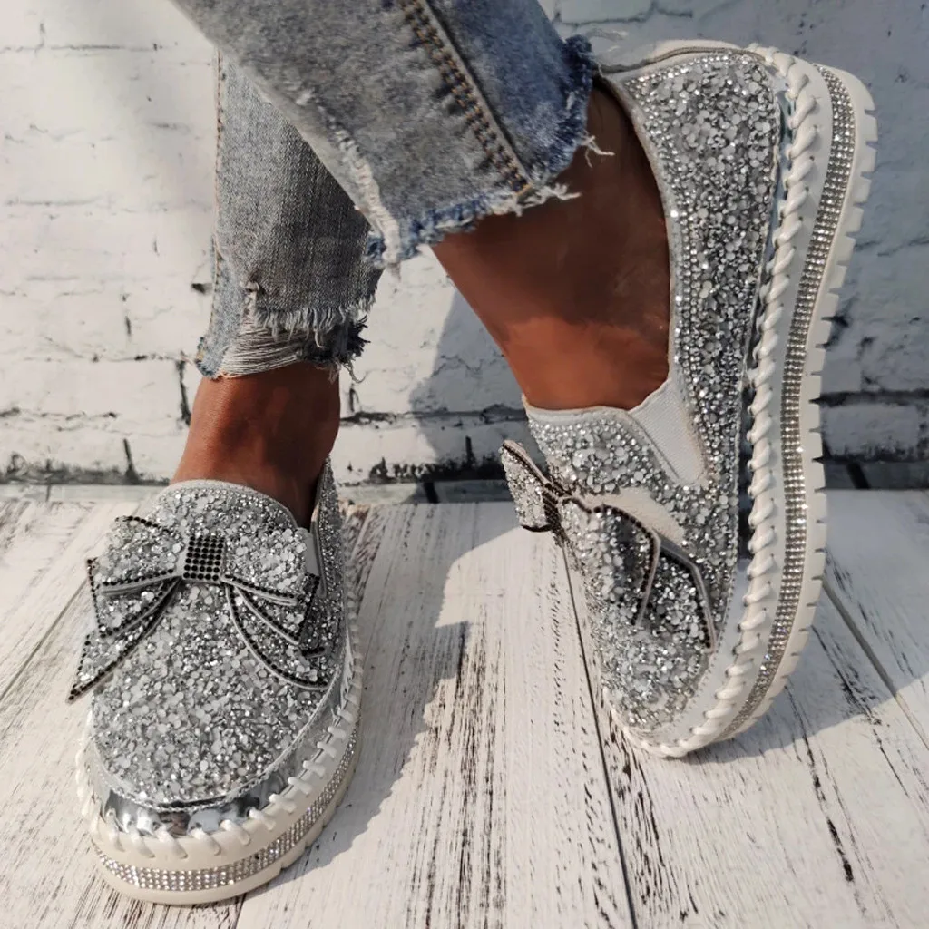

Fashion Breathable Classic Womens Casual Shoe Rhinestones BowknotThick-Soled Flats Slip-on Loafers Slippers chaussure femme A50
