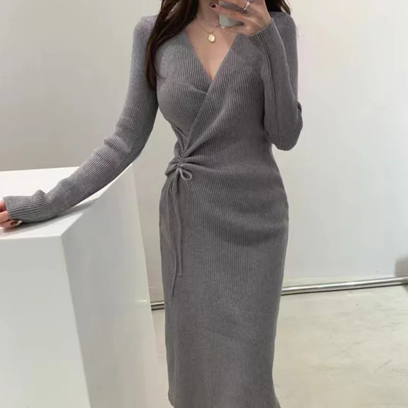 

Slim High Waist V Neck Drawstring Grey Knit Dress Women Bodycon All-match Autumn Winter Clothes Vestido Feminino Casual Pleated