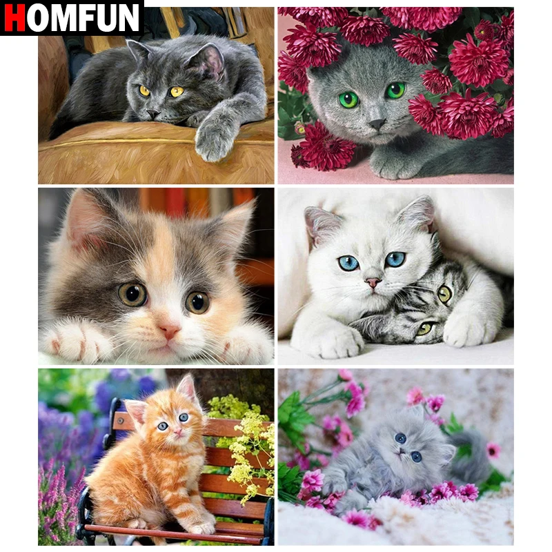 

Картина HOMFUN с алмазной вышивкой «Кот, цветок, животное», алмазная живопись, полный квадратный Декор Картина из круглых стразов