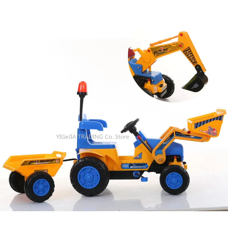 Kids Excavator & Pushdozer With Trailer, Digger Tractor Toys Bulldozer For Children Ride On, Includes Helmet And Tools