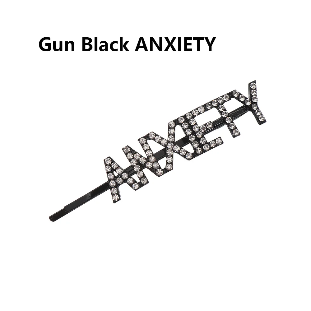GUN BLACK ANXIETY GLAM DRIPPIN буквы модная заколка для волос с кристаллами блестящие стразы заколки для волос аксессуары для волос для женщин и девушек - Цвет: GUN BLACK ANXIETY